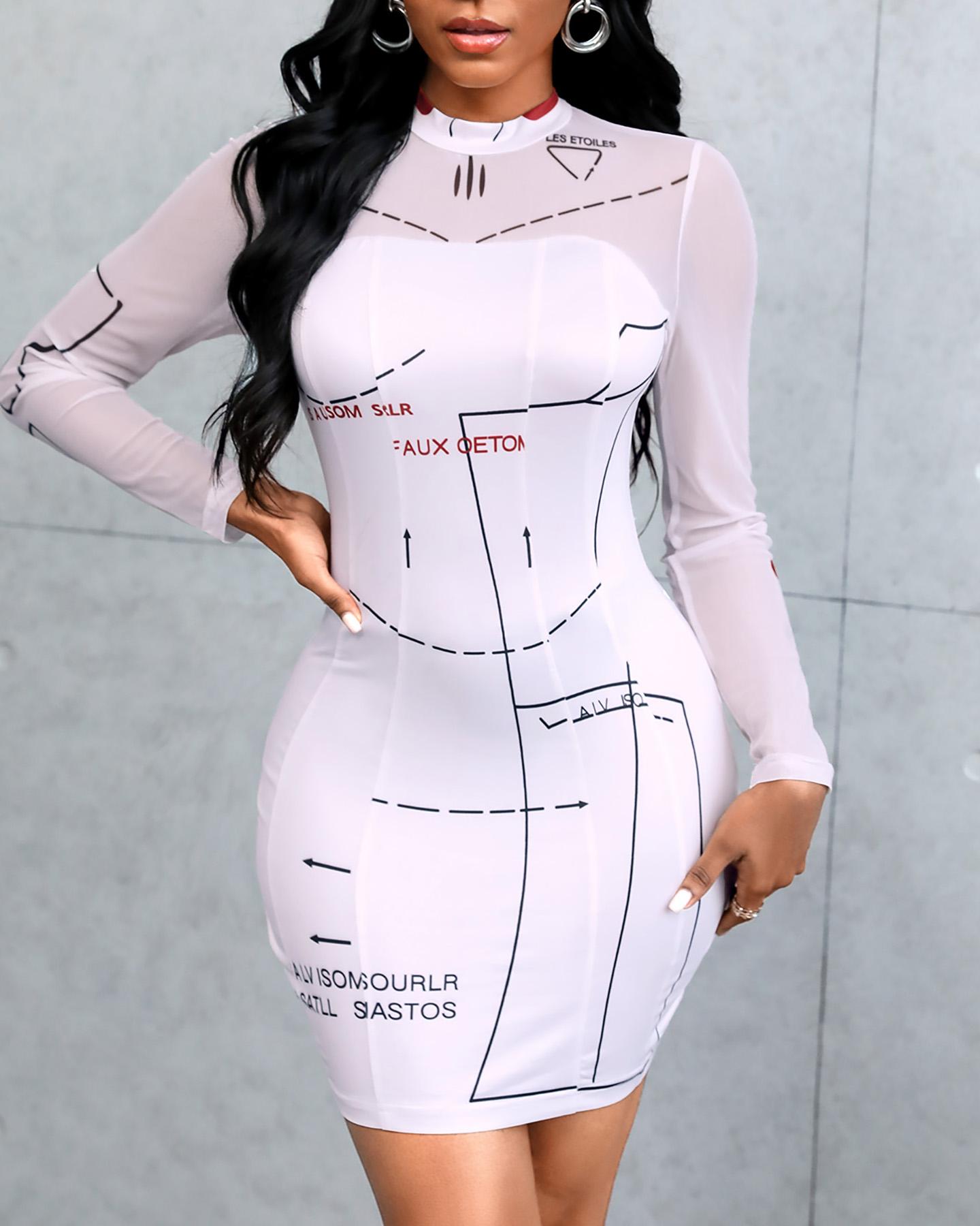

Map Print Sheer Mesh Long Sleeve Bodycon Dress, White