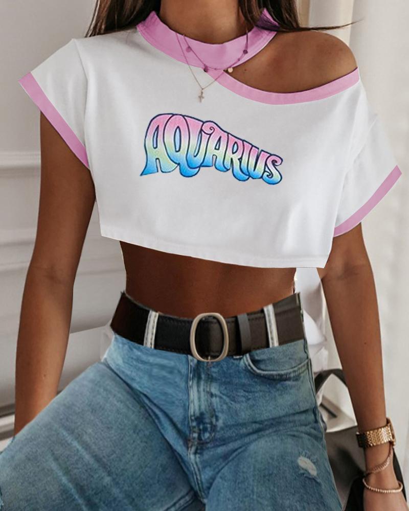 

Letter Print Cold Shoulder Casual T-shirt, Pink