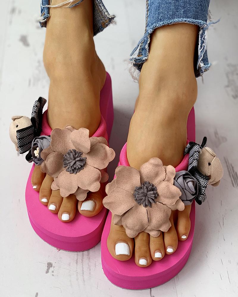 

Flower Embellished Toe Post Wedge Muffin Slipper Sandals, Hot pink