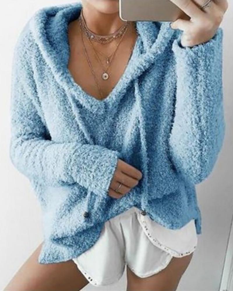 

Solid Drawstring Teddy Hooded Sweatshirt, Blue