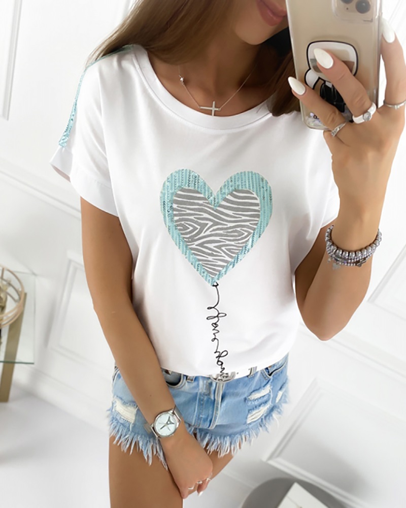 

Heart Sequins Zebra Print Casual T-shirt, Green