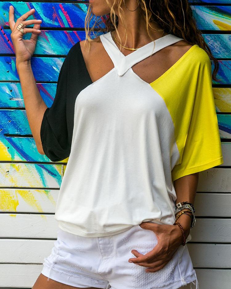 

Contrast Color Cutout Shoulder Casual T-Shirt, Multicolor