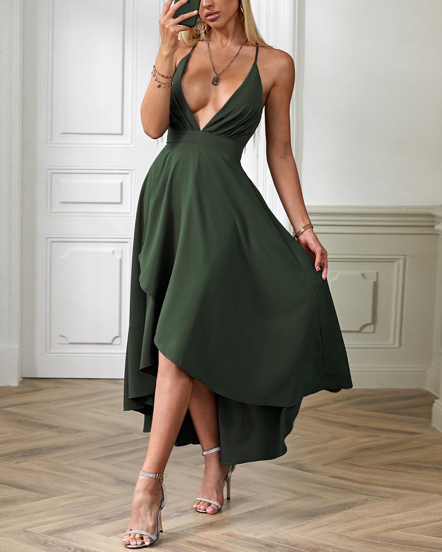 

Deep V Asymmetric Cami Dress, Dark green