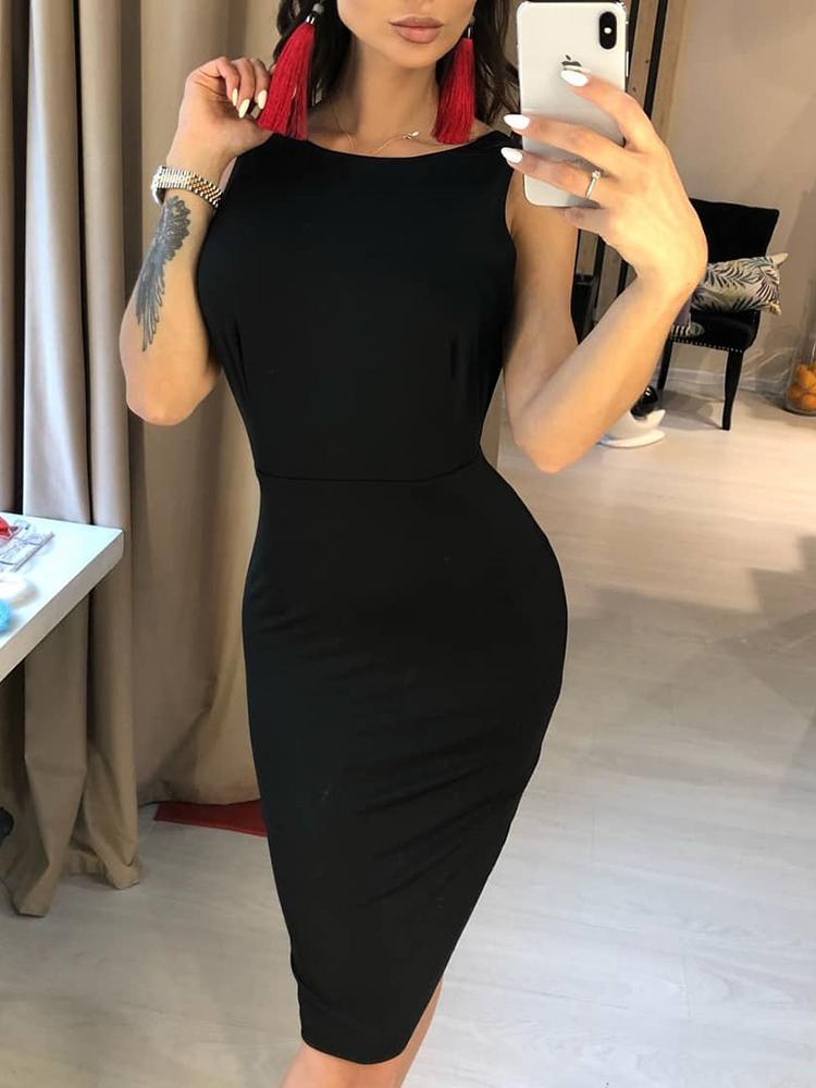 

Solid Sleeveless Open Back Slit Bodycon Dress