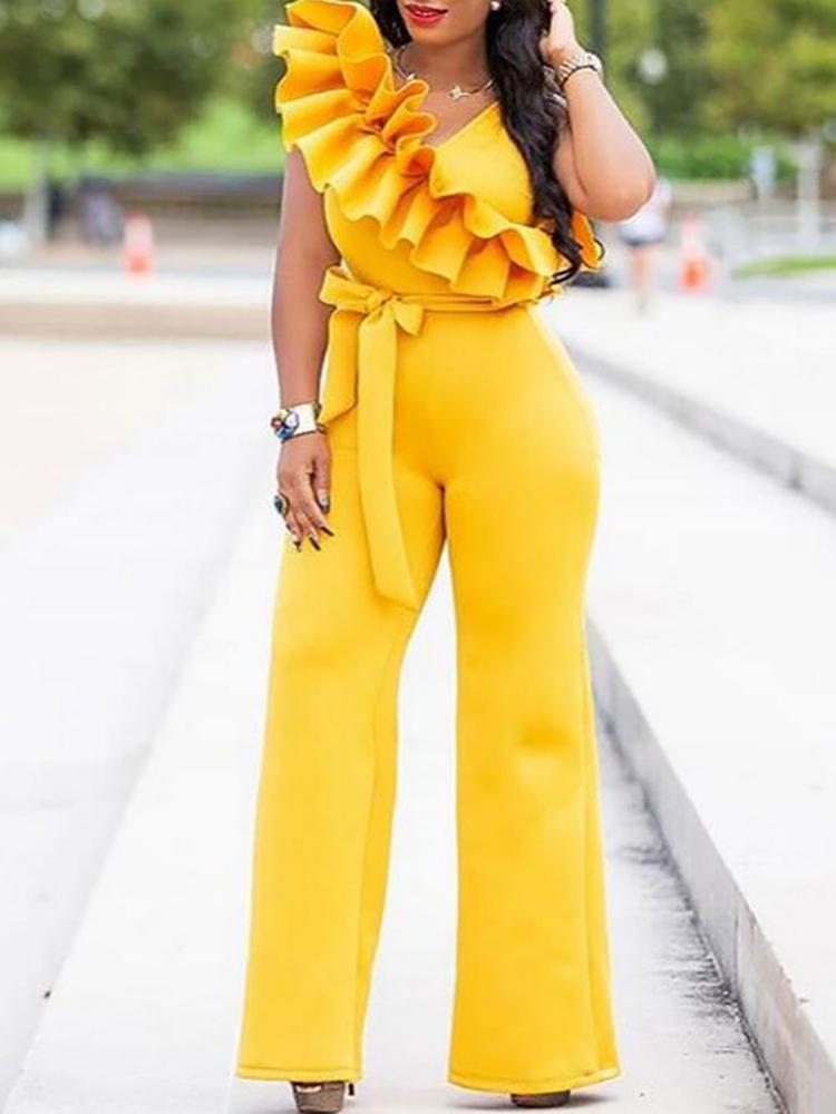 

Solid Ruffles Design Belted Jumpsuits, Yellow