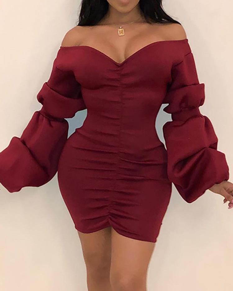 

Off Shoulder Puffed Sleeve Ruched Dress