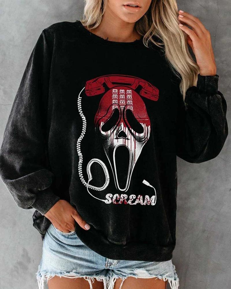 

Halloween Skull Phone Print Long Sleeve Top, Black