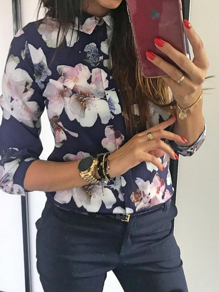 

Floral Print Button Design Long Sleeve Blouse, Purplish blue