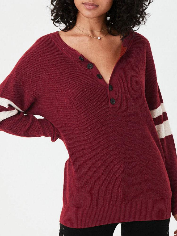 

Varsity Striped Button Detail Pullover, Wine red