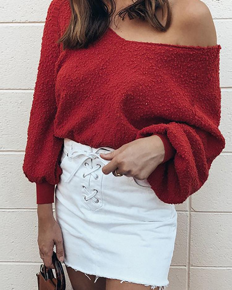 

Solid V-Neck Long Sleeve Sweater, Red
