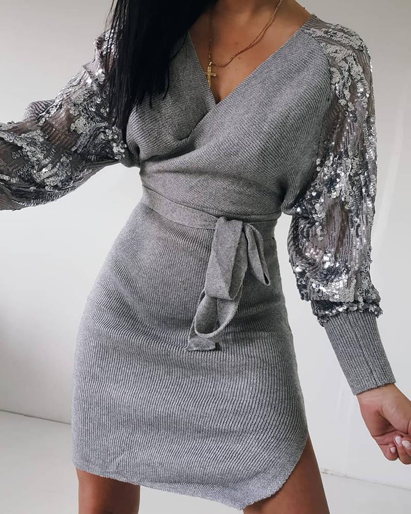 

Sequins Lantern Sleeve Slit Wrap Dress, Gray