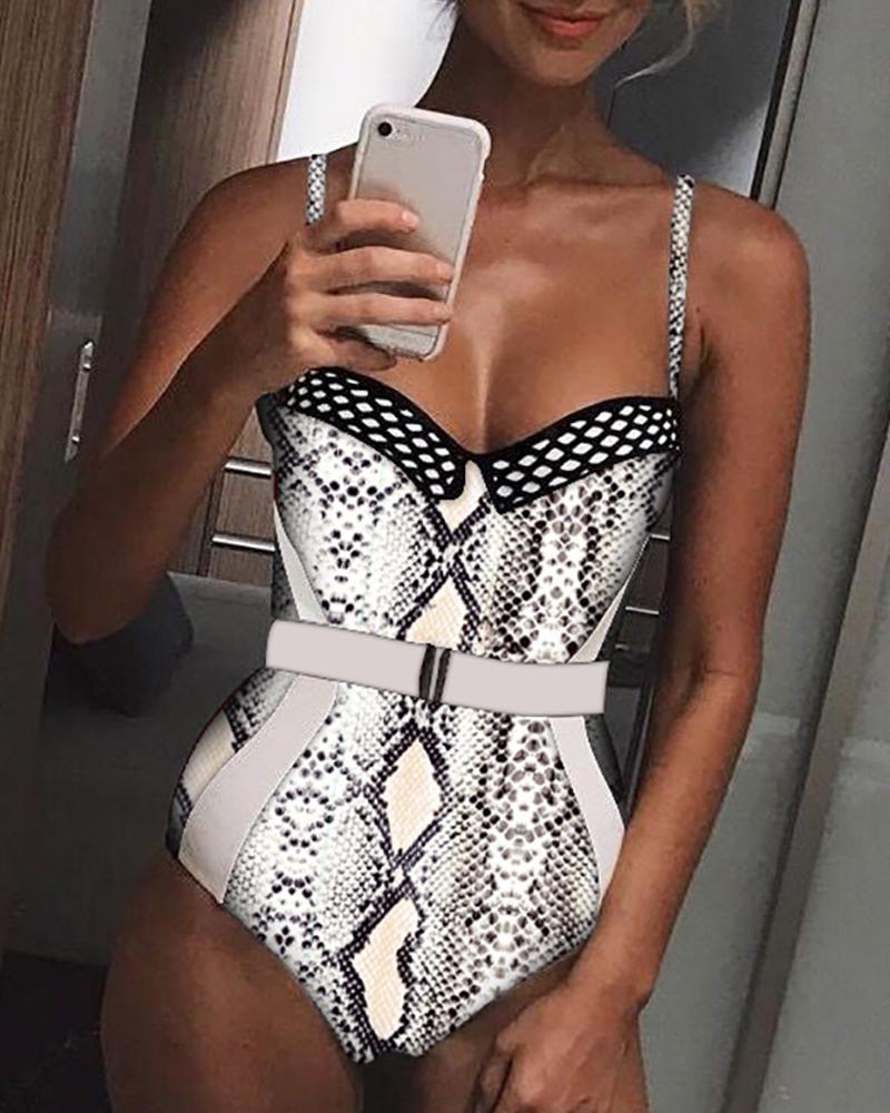 

Contrast Color Fishnet Belted One-piece Swimsuit, Gray