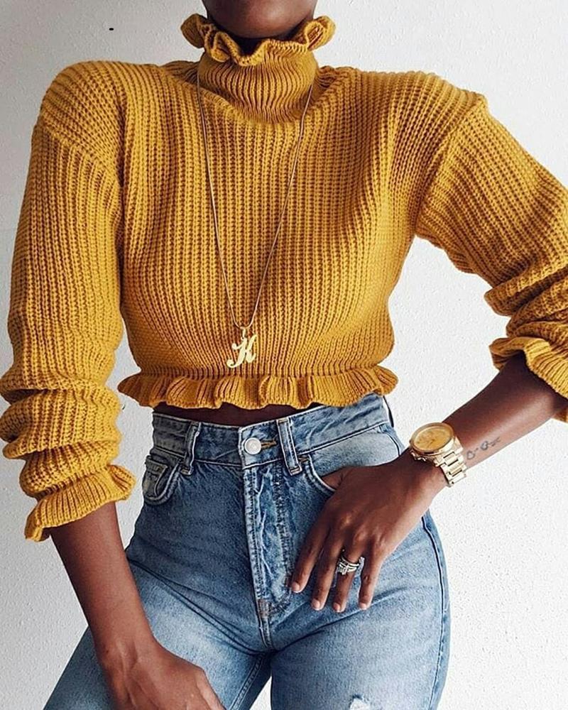 

Solid Ruffles Design Long Sleeve Sweater