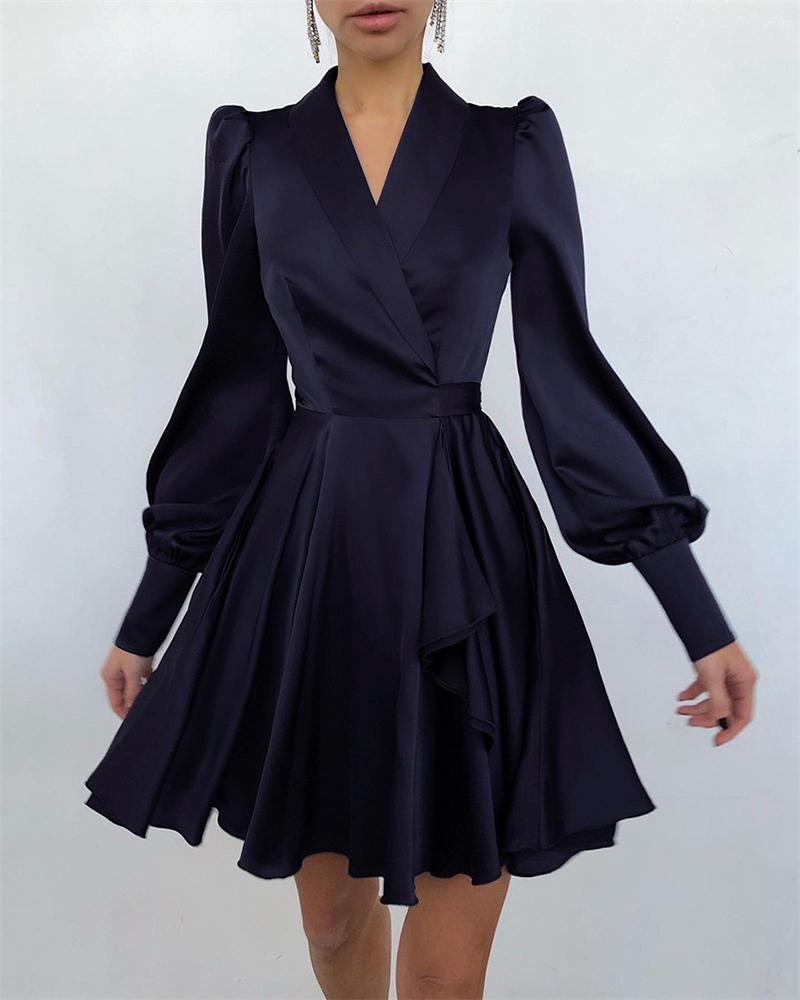 

Plain Tie Design Puff Sleeve Wrap Dress, Blue