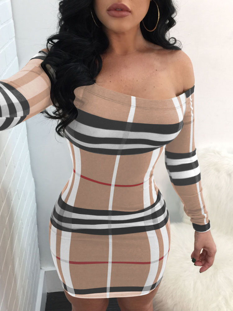 

Plaid Slash Neck Bodycon Mini Dress