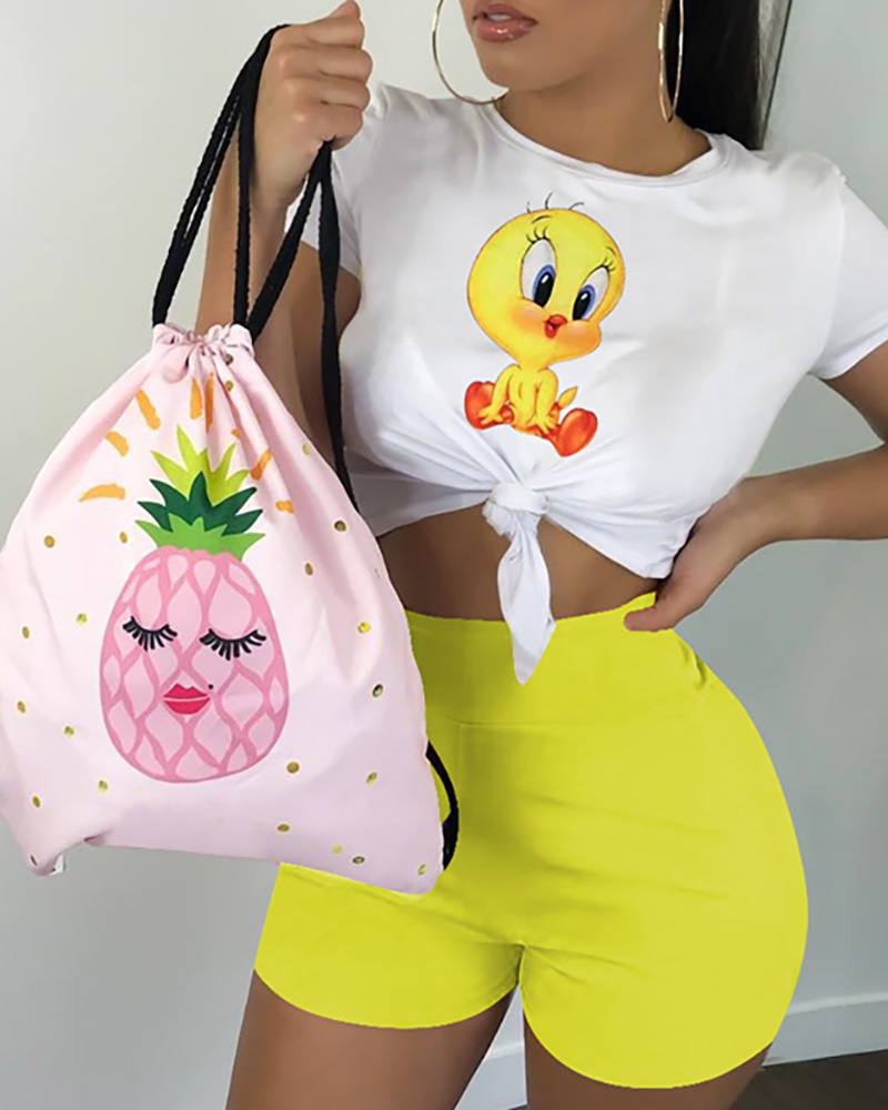 

Cartoon Print Crop Tee & Shorts Set, Yellow