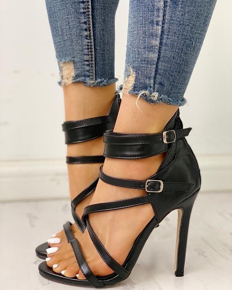 

PU Bandage Design Thin Heeled Sandals, Black