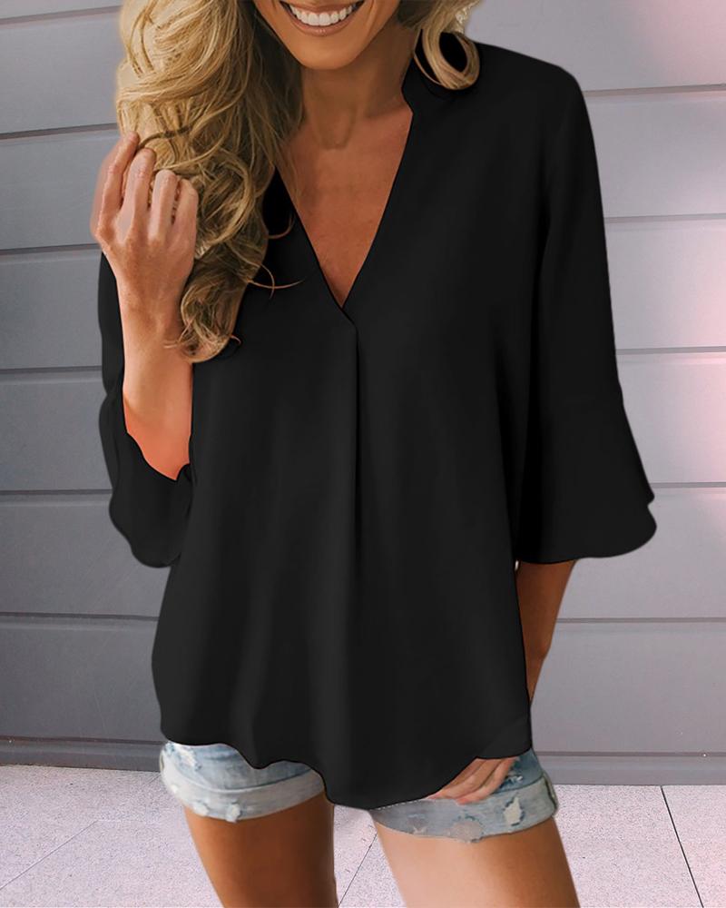 

V-neck Bell Sleeve Solid Casual T-shirt, Black
