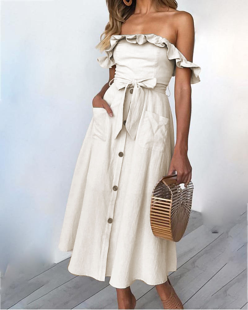 

Off Shoulder Frill Hem Casual Dress, Beige