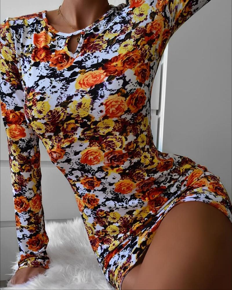 

Floral Print Long Sleeve Ruched Bodycon Dress, Multicolor