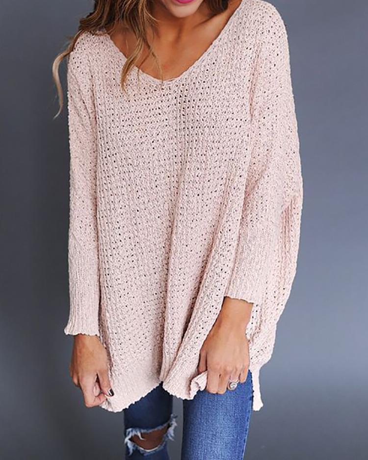 

Solid V Neck Loose Sweater, Pink