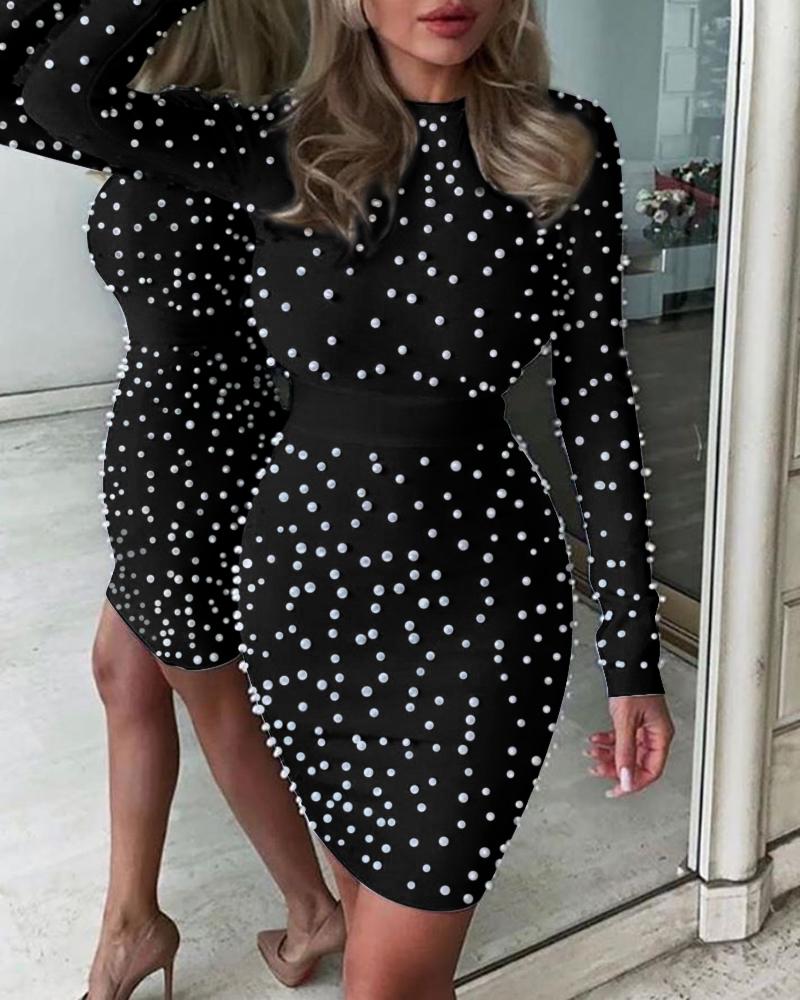 

Beaded Round Neck Long Sleeve Bodycon Dress, Black