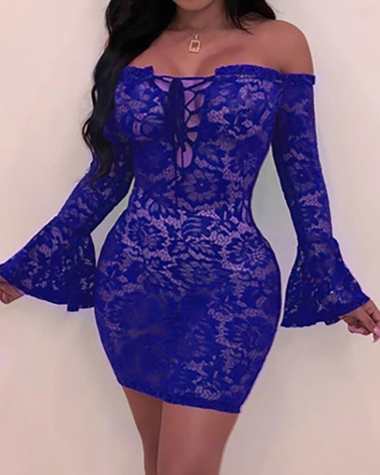 

Lace-Up Bell Sleeve Bodycon Lace Dress