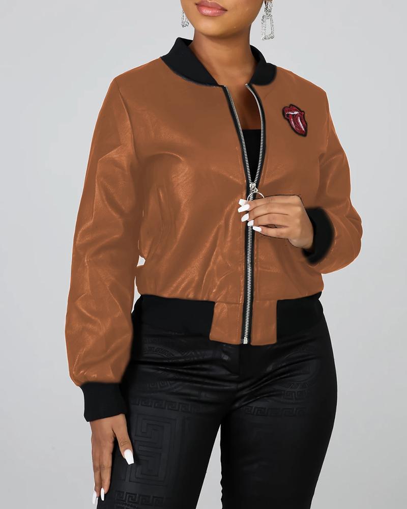 

Mouth Sequins Pattern Zipper Design Long Sleeve Coat, Brown