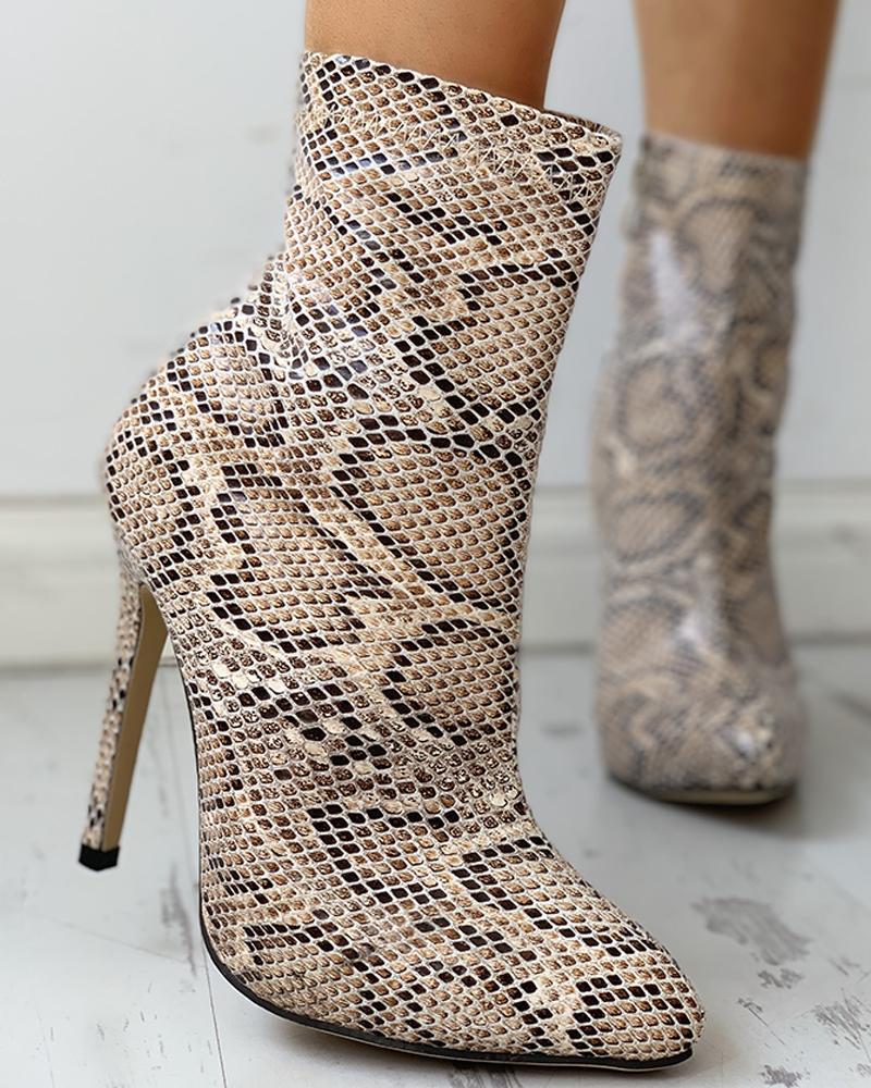 

Snakeskin Print Pointed Toe Thin Heeled Boot, Brown