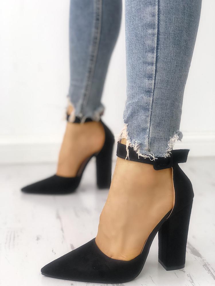 

Solid Suede Pointed Toe Buckled Chunky Heels