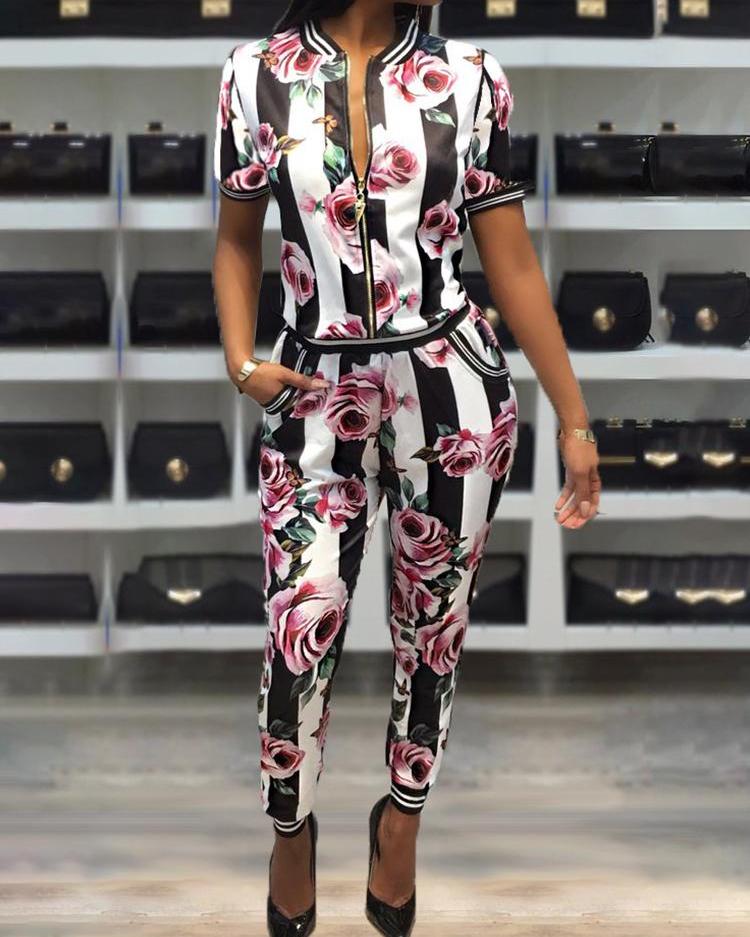 

Print Short Sleeve Zipper Up Jacket & Pants Set, Black