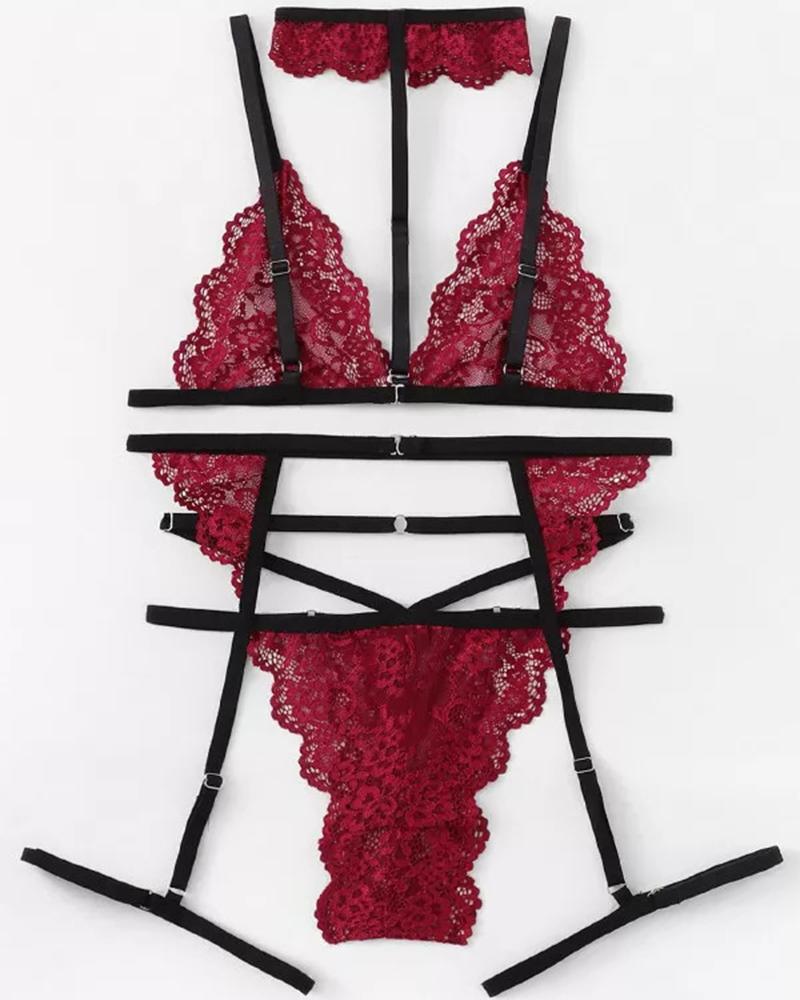 

Splicing Floral Lace Halter Sleeveless Bra Sets With Garter, Red