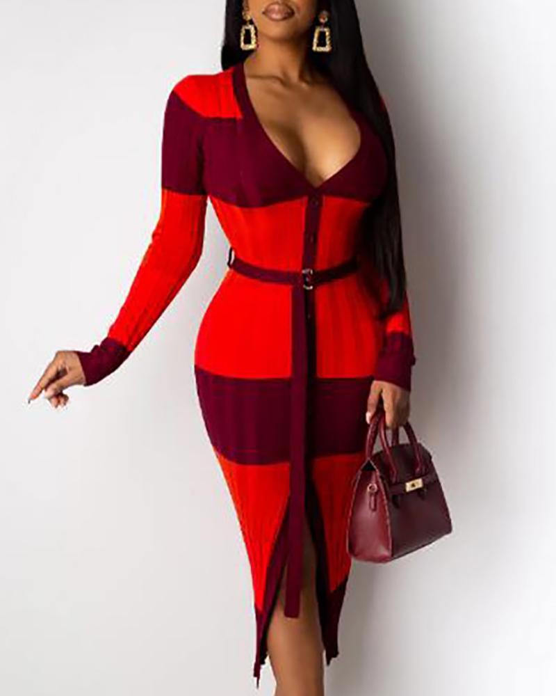 

Colorblock Plunge Long Sleeve Sweater Dress, Red