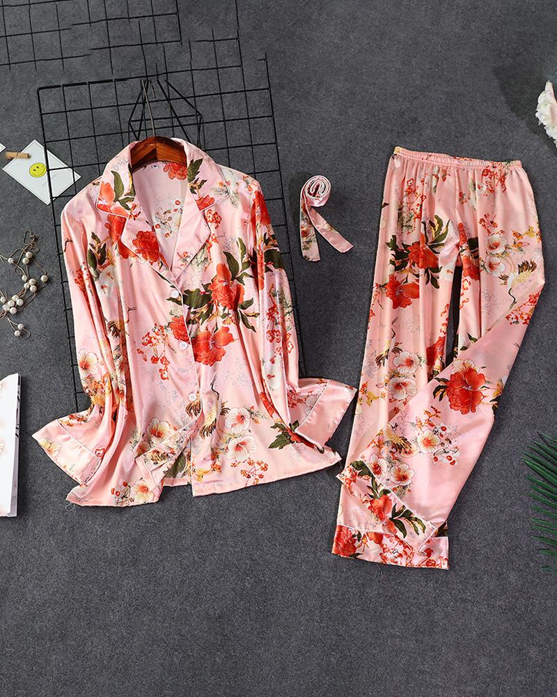 

Print Long Sleeve Pajamas Set, Pink