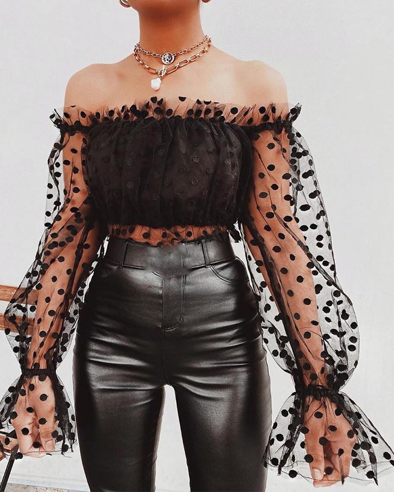 

Off Shoulder Polka Dot Mesh Top, Black