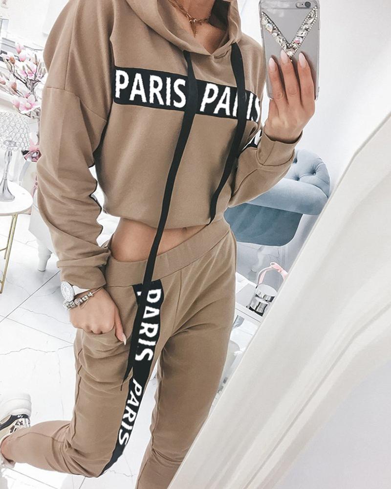 

Letter Print Hooded Casual Top & Pockets Design Pants Set, Khaki