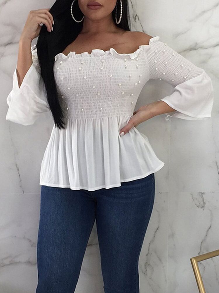 

Beading Embellished Shirring Peplum Top, White