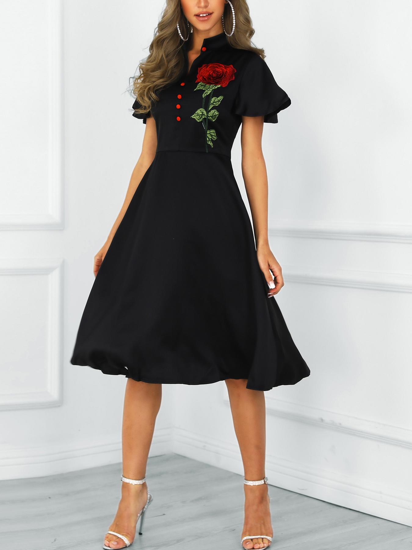 

Floral Embroidery Buttoned Short Sleeve Dress, Black
