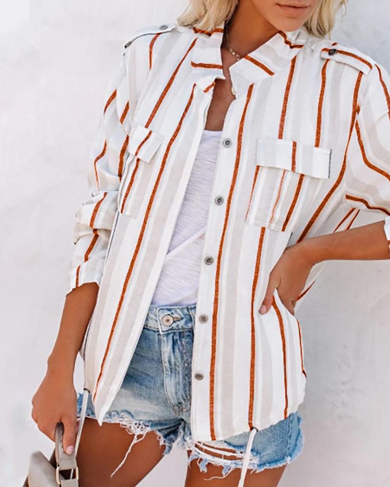 

Striped Colorblock Pocket Design Casual Shirt, Khaki