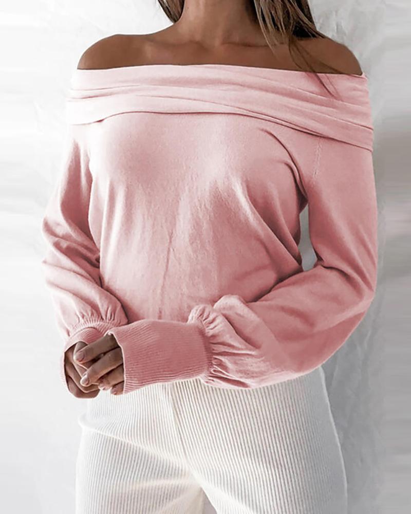 

Off Shoulder Lantern Sleeve Plain Top, Pink