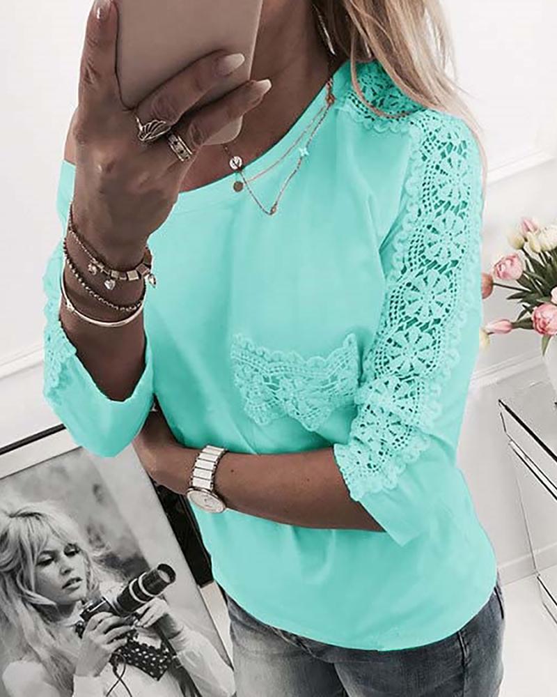 

Crochet Lace Patchwork Casual T-shirt, Green