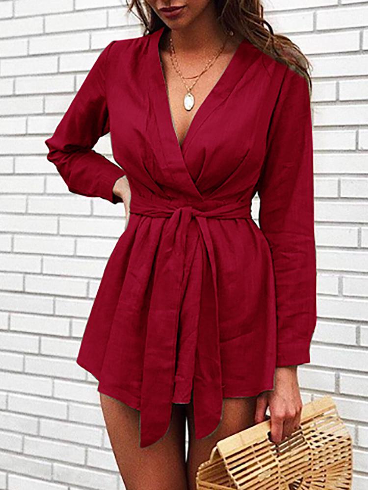 

Solid Long Sleeve Belted Mini Dress