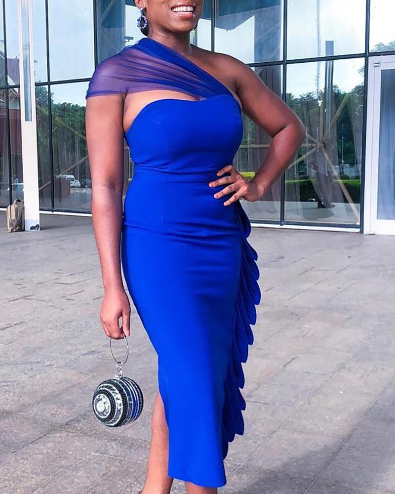 

One Shoulder Mesh Insert Ruffles Slit Bodycon Dress
