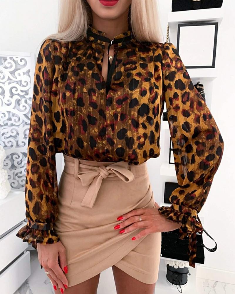 

Leopard Long Poet Sleeve Loose Bowknot Blouse