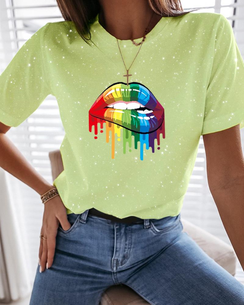 

Short Sleeve Lip Print Casual T-Shirt, Green