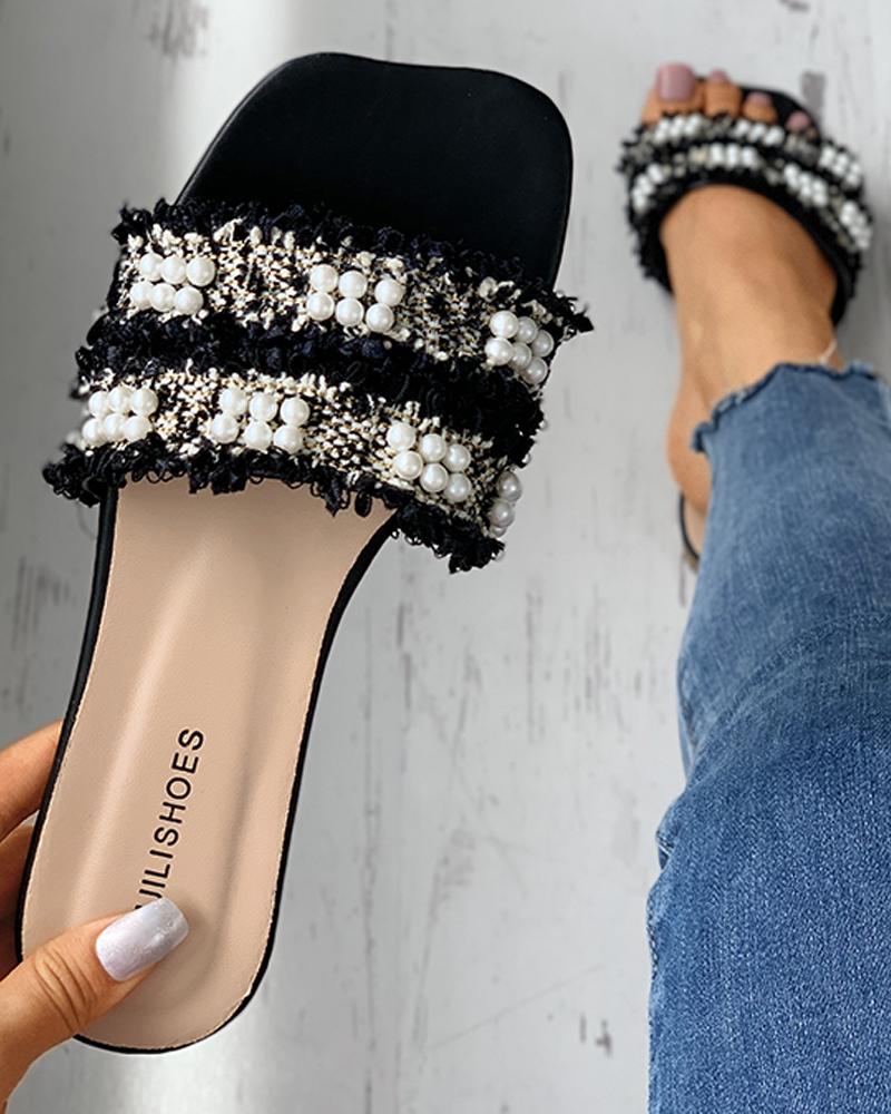 

Beaded Detail Tweed Mule Sliders, Black