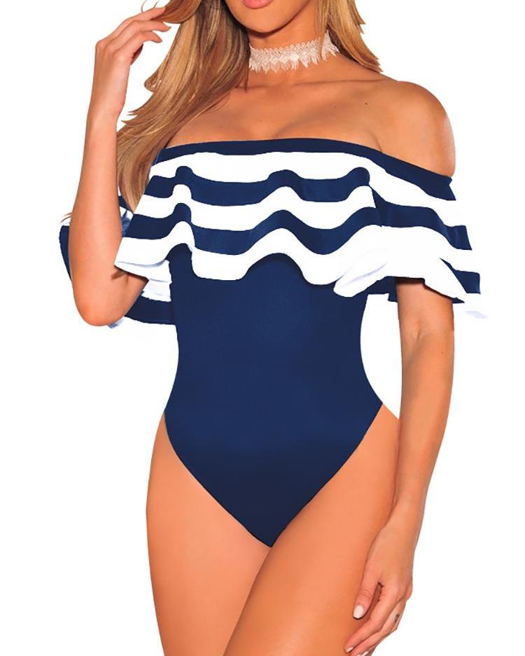 

Striped Flounce Bardot One-Piece Swimwear, Dark blue
