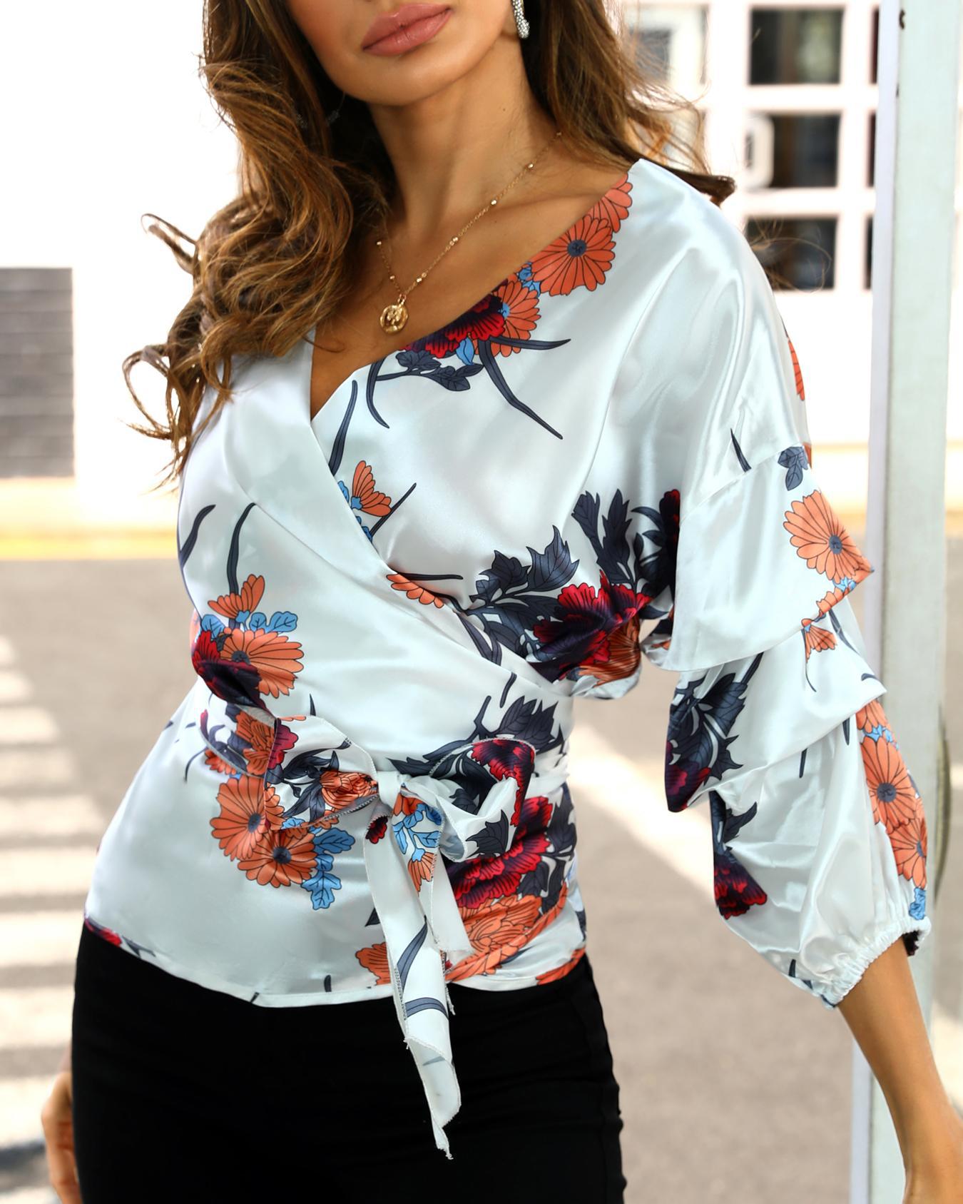 

Surplice Front Floral Print Belted Blouse, White