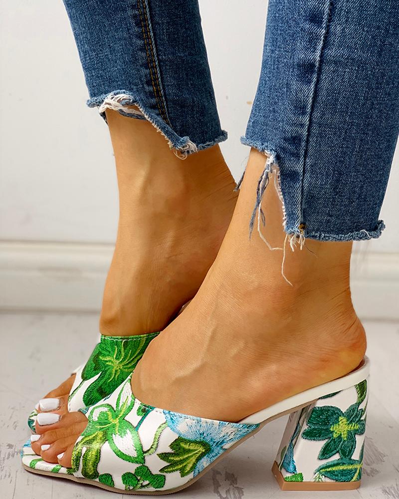 

Peep Toe Print Chunky Heeled Sandals, Green