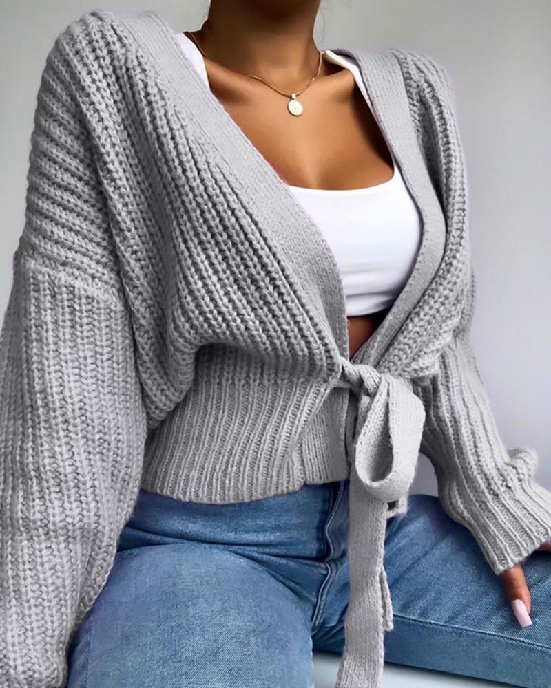 

Plain Tie Detail Long Sleeve Knit Sweater, Gray
